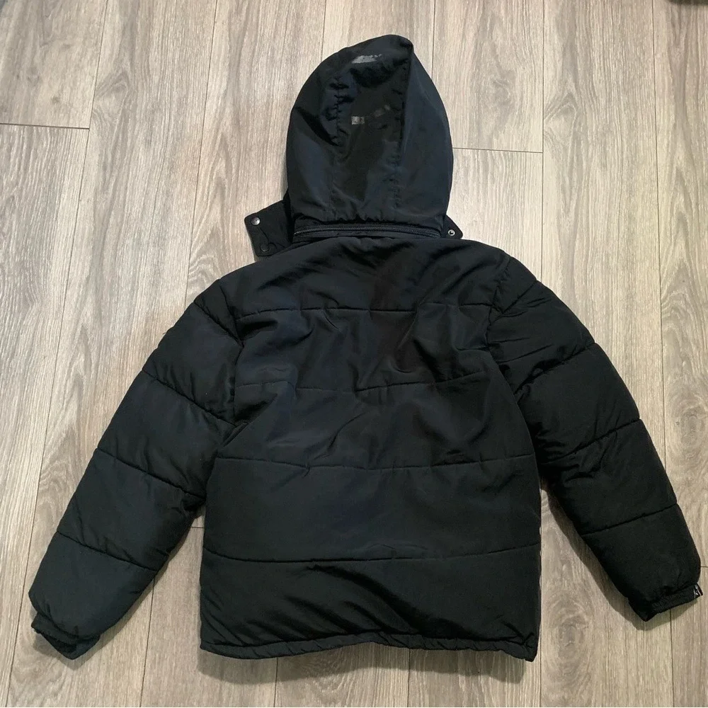 DKNY Boys Black Puffer Jacket L 14/16 Sherpa Lined Hood Logo Tape Winter Coat